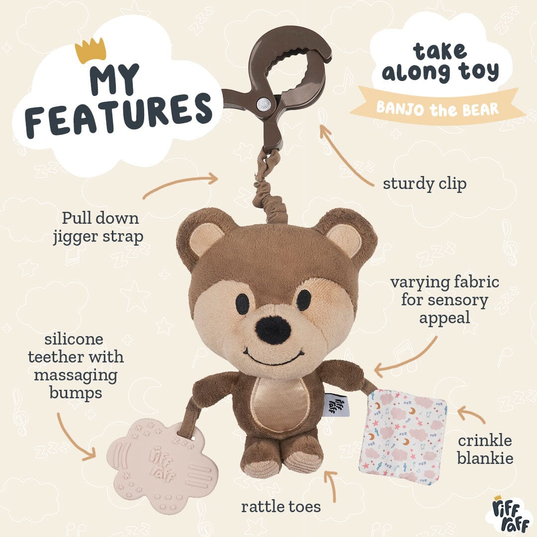 Sensory Pram Toy - Banjo The Bear - Riff Raff Baby UK